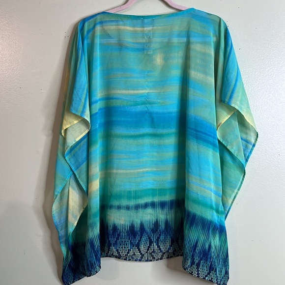 Chico's Vibrant Blue and Yellow Poncho top, semi sheer, size small/ medium - Picture 11 of 14